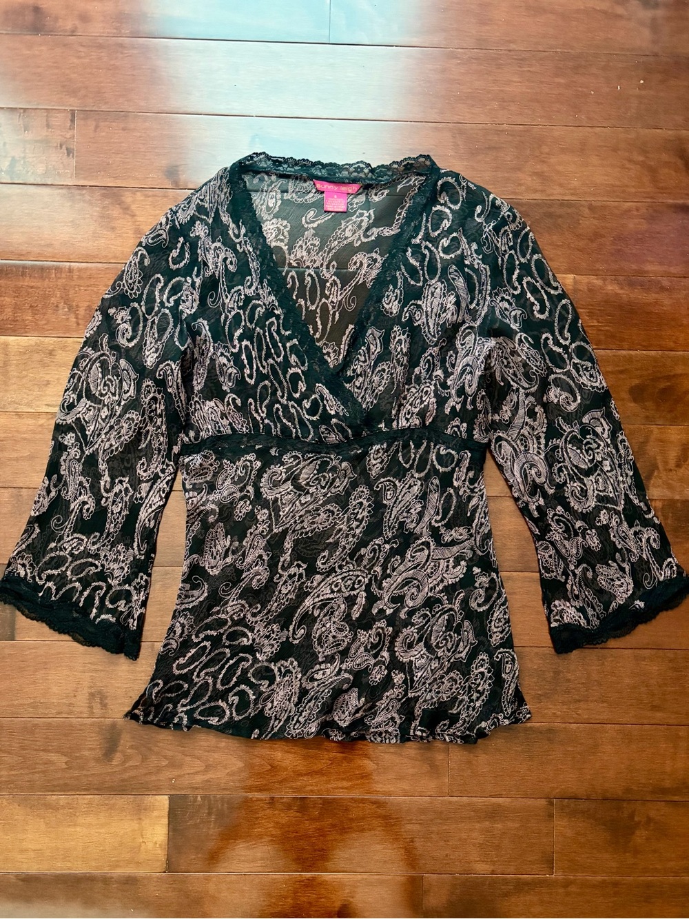Sunny Leigh Sheer Silk Black and Blush Pink Paisley Top